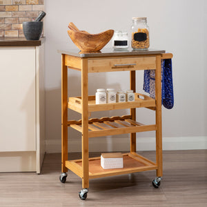 Natural Bamboo One Drawer Kitchen Trolley with Stainless Steel Worktop | Harlow