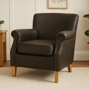 Trinity Brown Leather Effect Armchair with Stud Detail