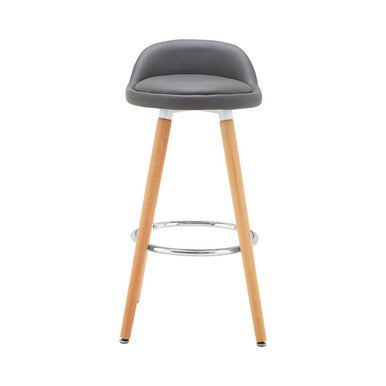 Bar stool with gray cushioned seat and wooden legs on a white background