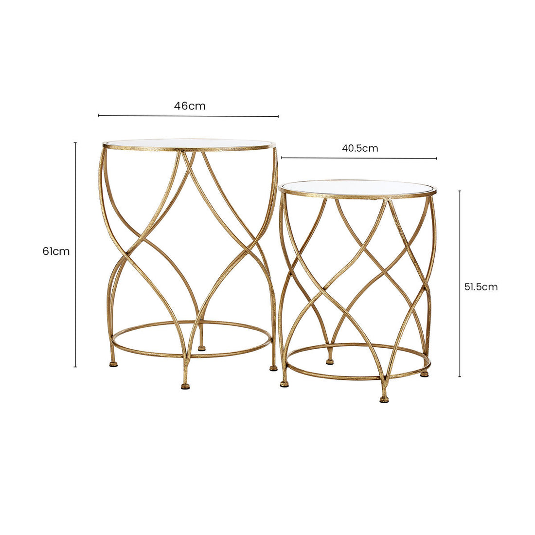 Round White Mirror Tops Nesting Side Tables with Gold Curved Metal Leg, Marcia