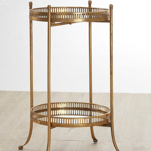 Gold Finish Mirrored Tray Table with 2 Removable Trays and Lattice Detail Iron Frame, Reza