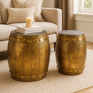 Reza Set of 2 Hammered Drum Stools and Tables