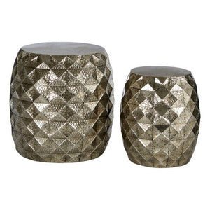 Reza Antique Silver Finish Hammered Set of 2 Drum Style Stools and Side Tables