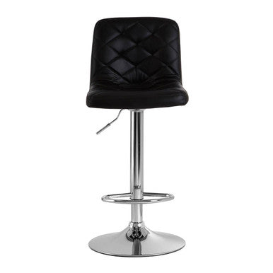 Black quilted bar stool with chrome base on a white background