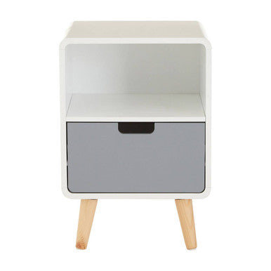 White nightstand with a gray drawer and wooden legs on a white background
