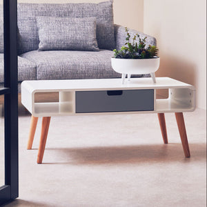 Scandinavian Style Grey White Wooden Coffee Table with Drawer and Open Shelves, Milo