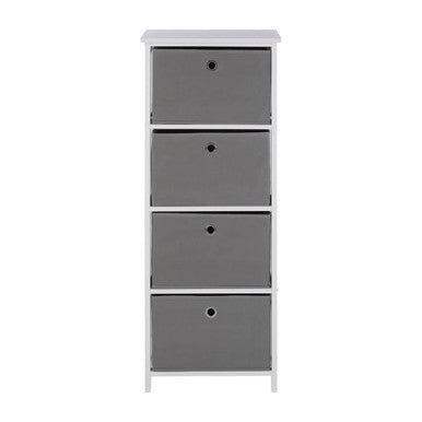 Tall white cabinet with four gray drawers on a white background
