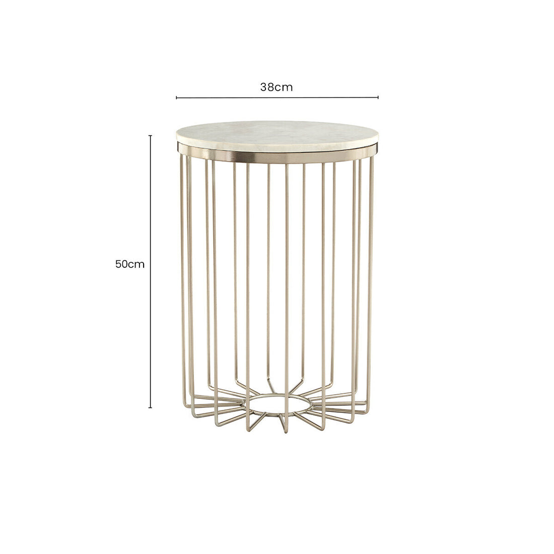 White Marble Top Side Table with Cage Design Iron Rod Base, Templar