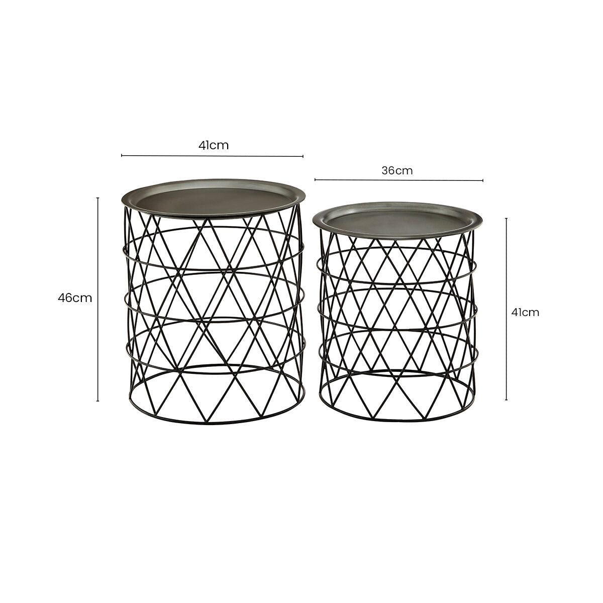 Set of Two Round Zinc Top Coffee Table Pair with Black Iron Cylindrical Bases, Templar