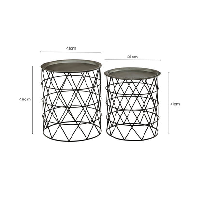 Set of Two Round Zinc Top Coffee Table Pair with Black Iron Cylindrical Bases, Templar