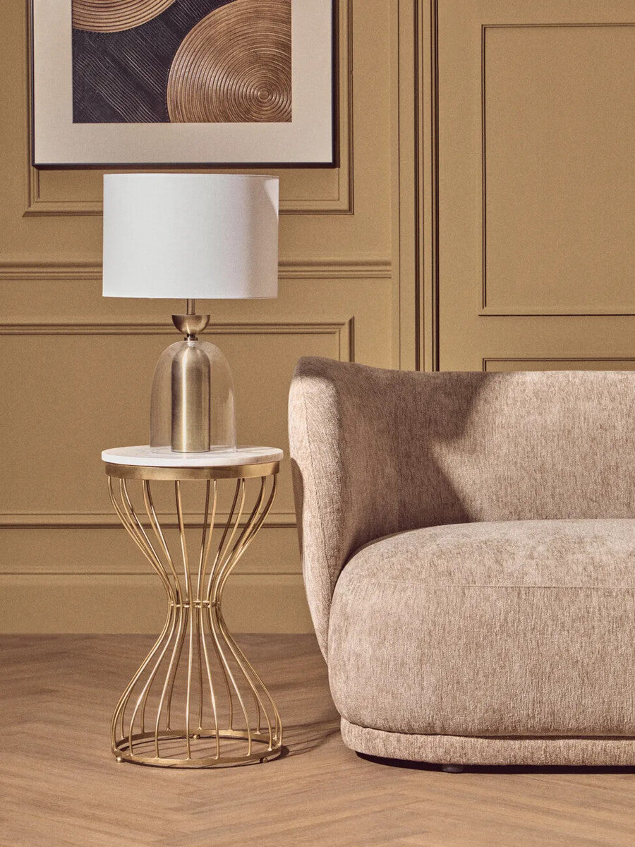 White Marble Round Top Side Table with Gold Iron Hourglass Iron Base, Templar