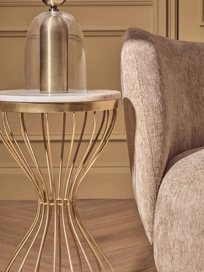 White Marble Round Top Side Table with Gold Iron Hourglass Iron Base, Templar