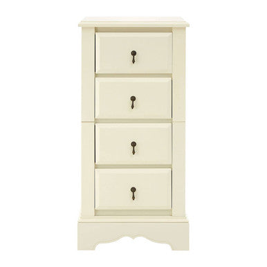 White wooden cabinet with four drawers on a white background