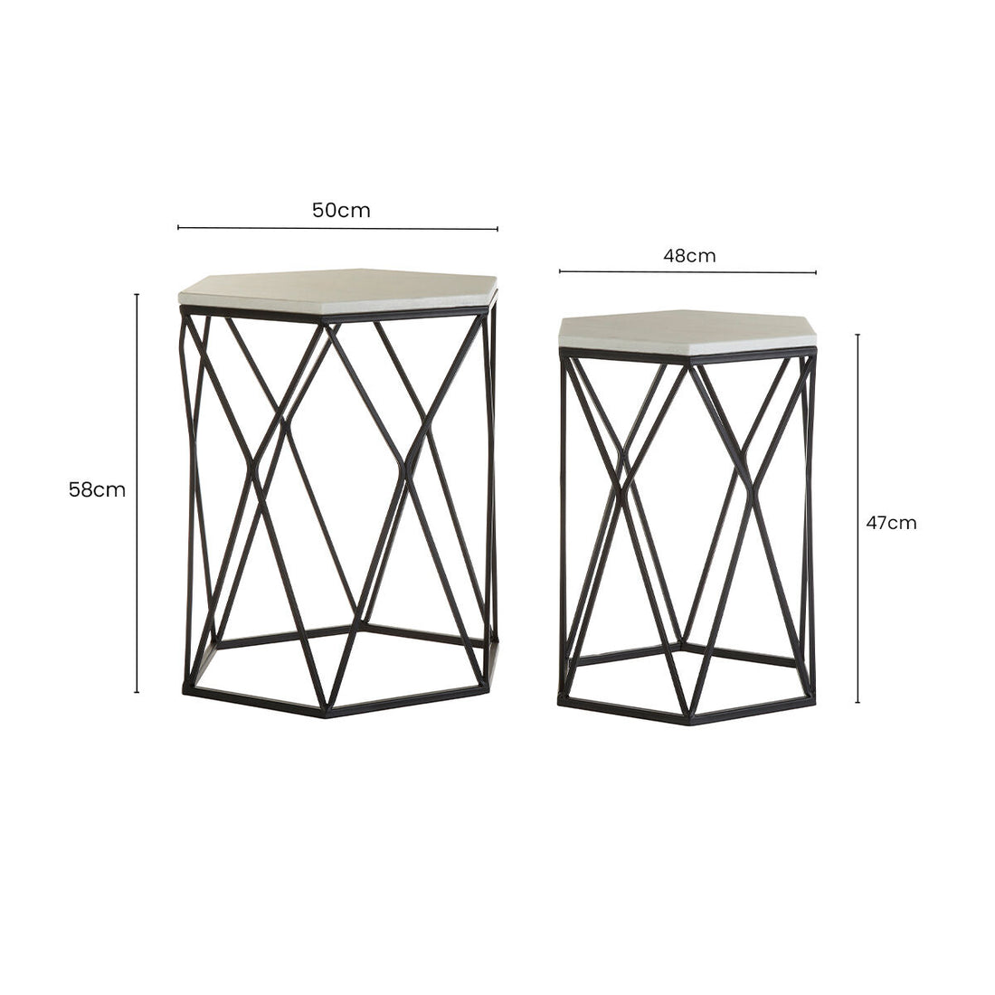 White Marble Top and Black Metal Frame Set of 2 Hexagonal Side Tables, Arcana