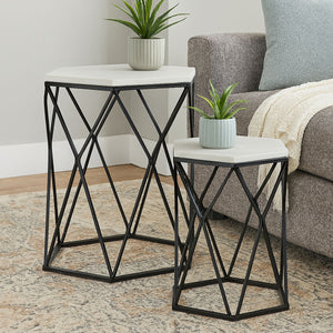 White Marble Top and Black Metal Frame Set of 2 Hexagonal Side Tables, Arcana