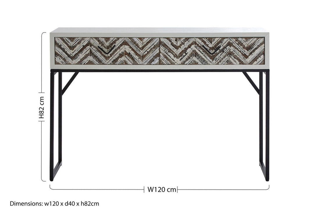 Natural Wood 2-Drawer Console Table with Geometric Assorted Front and Black Metal Legs, Lombok