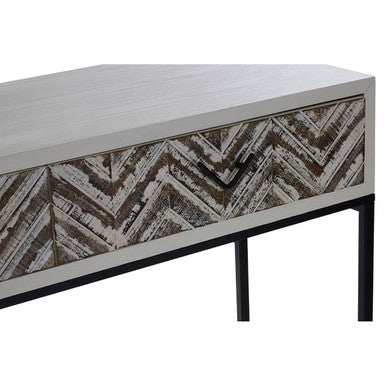 Natural Wood 2-Drawer Console Table with Geometric Assorted Front and Black Metal Legs, Lombok