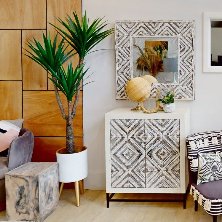 Living room with patterned cabinet, plant, and decorative items.