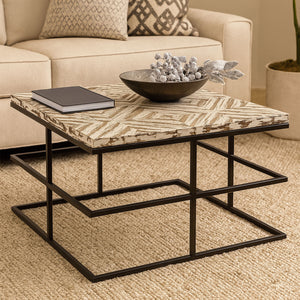 Natural Wood Top Coffee Table with Black Geometric Pattern Metal Legs , Lombok