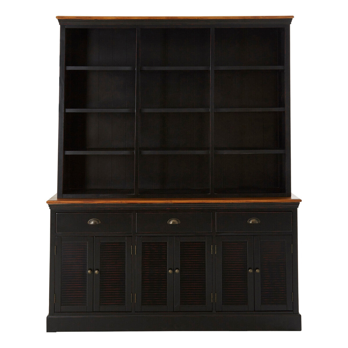 Black wooden cabinet with open shelves and closed doors on a white background