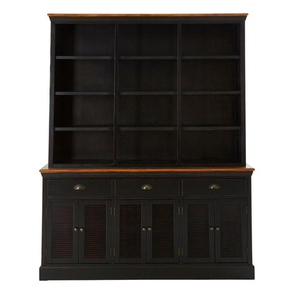 Black wooden cabinet with open shelves and closed doors on a white background