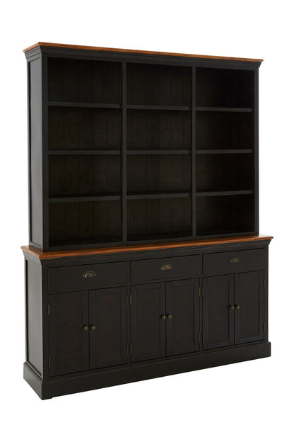 Black bookshelf with wooden top and base on a white background