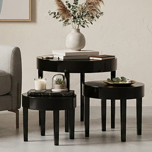 Set of Three Chunky Black High Gloss Round Tops Nesting Tables with Pine Wood Legs, Moritz