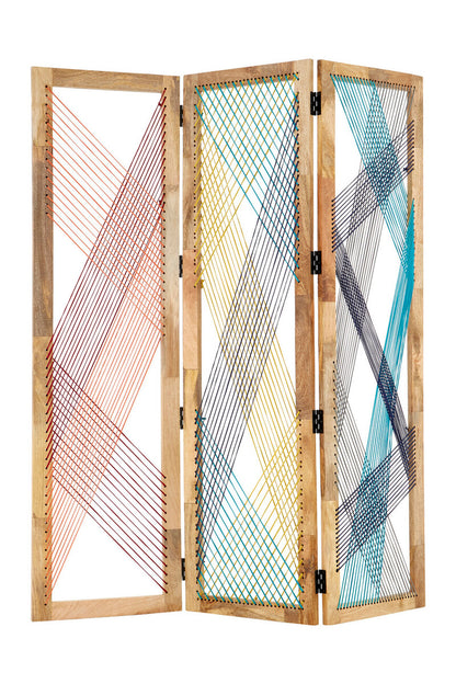 Three-panel folding screen with colorful string design on a white background