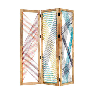 Three-panel room divider with colorful string design on a white background