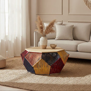Multicoloured Woven Hexagon Base Coffee Table with Mango Wood Top, Fusion