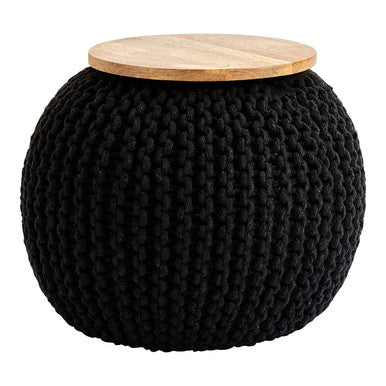 Black knitted pouf with a wooden top on a white background