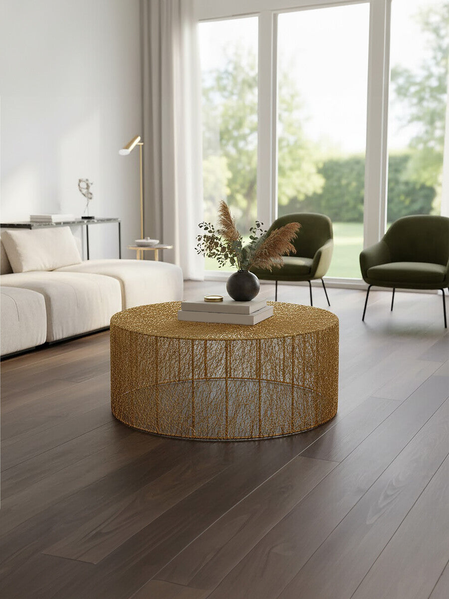 Gold Circular Iron Coffee Table with Gold Finish Vertical Line Frame, Templar