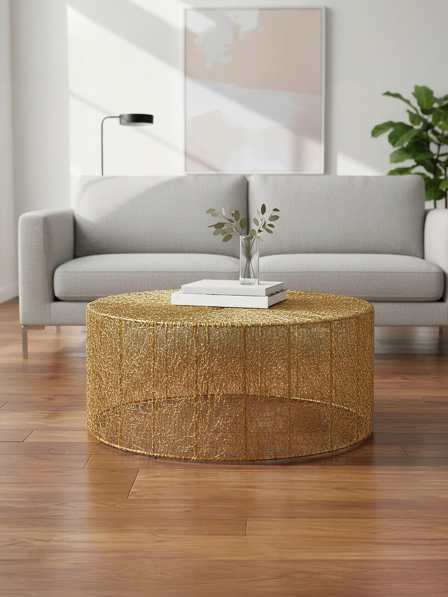 Gold Circular Iron Coffee Table with Gold Finish Vertical Line Frame, Templar