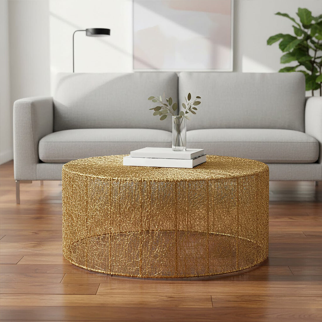 Gold Circular Iron Coffee Table with Gold Finish Vertical Line Frame, Templar