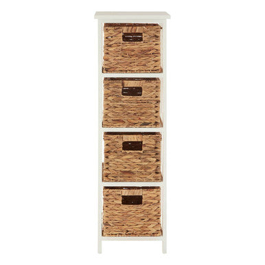 White cabinet with three wicker baskets on a white background