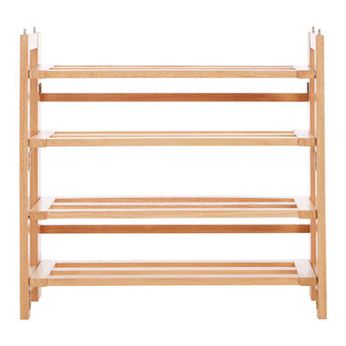 Wooden shoe rack with multiple shelves on a white background