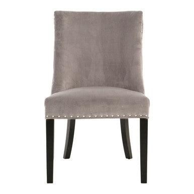 Gray upholstered chair with black legs on a white background