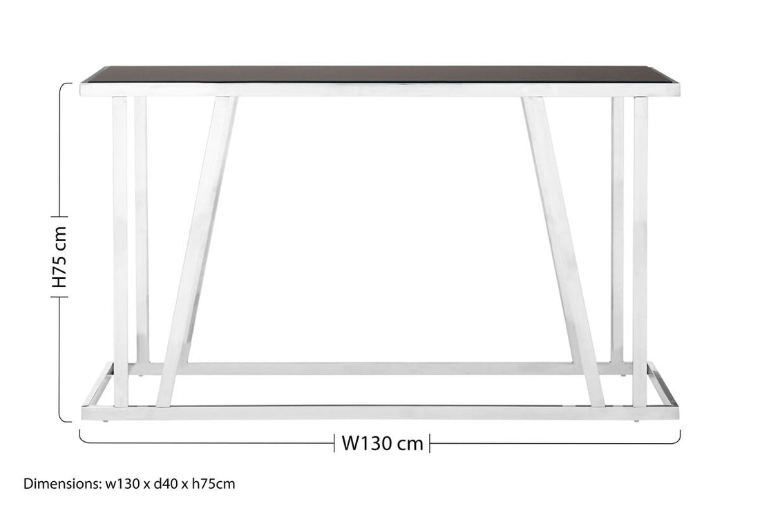Black Tempered Glass Top Console Table with Reflective Chrome Silver Steel Base, Ackley