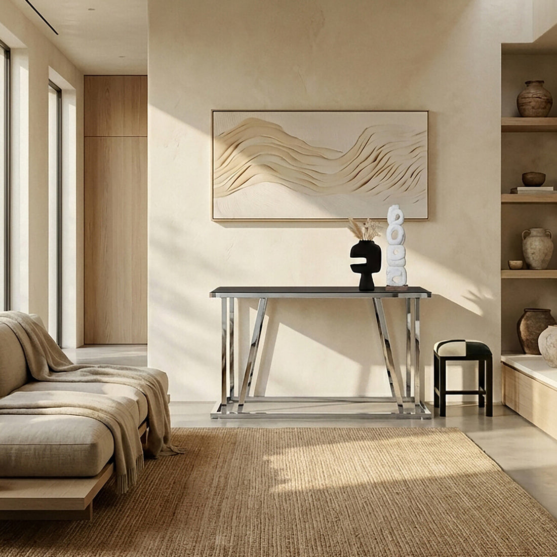 Ackley Silver Console Table With Black Glass