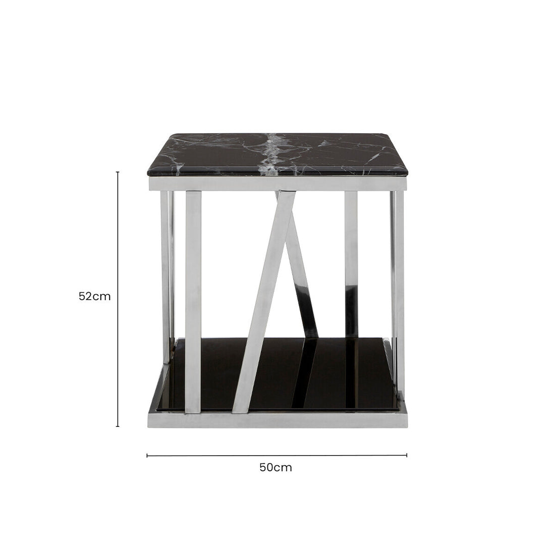 Black Marble Top Side Table with Silver Reflective Stainless Steel Base | Ackley