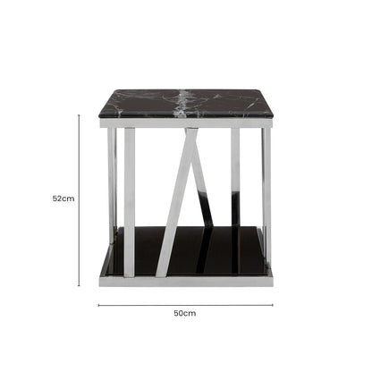 Black Marble Top Side Table with Silver Reflective Stainless Steel Base | Ackley