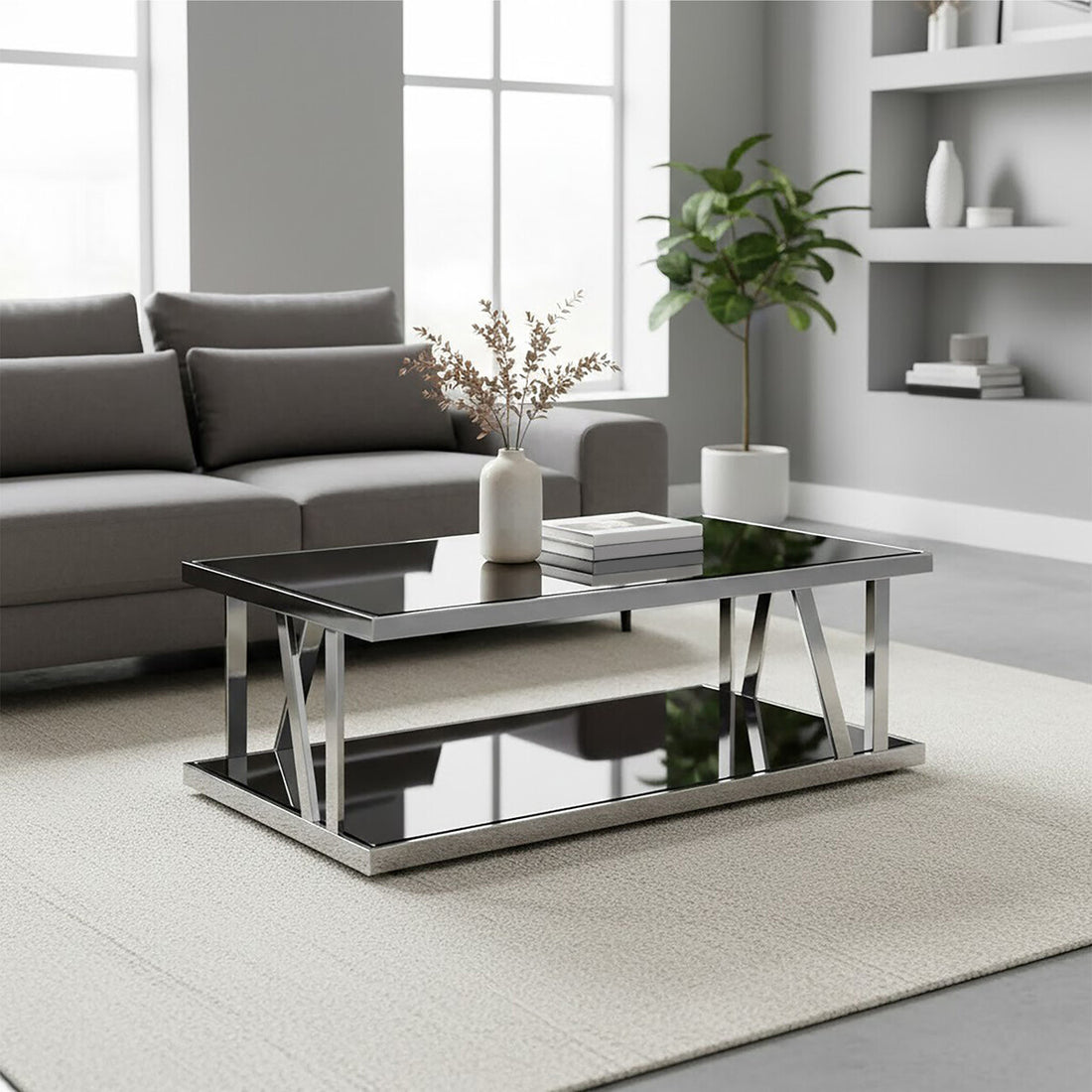 Ackley Silver Coffee Table With Black Glass - image 3