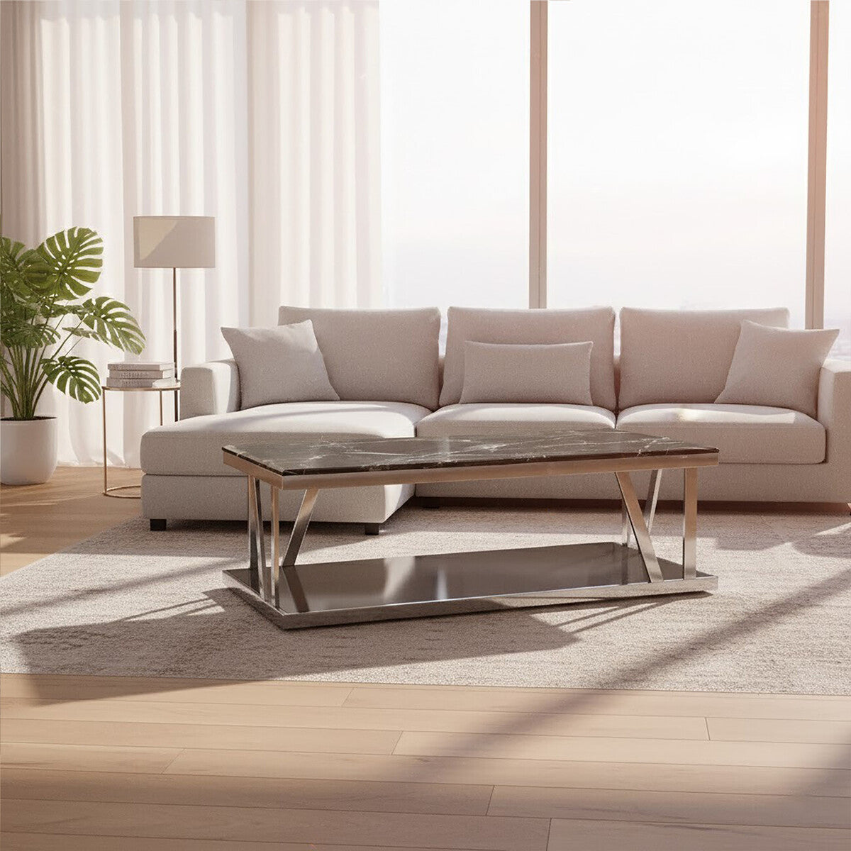 Modern living room with a beige sectional sofa and a coffee table.