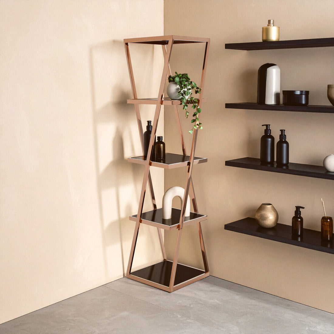 Tall, thin wooden shelf with decorative items against a beige wall.