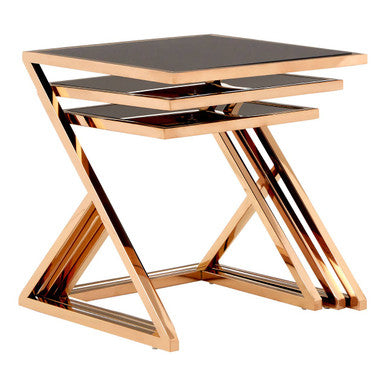 Ackley Rose Gold Finish Set Of 3 Nesting Tables With Black Glass