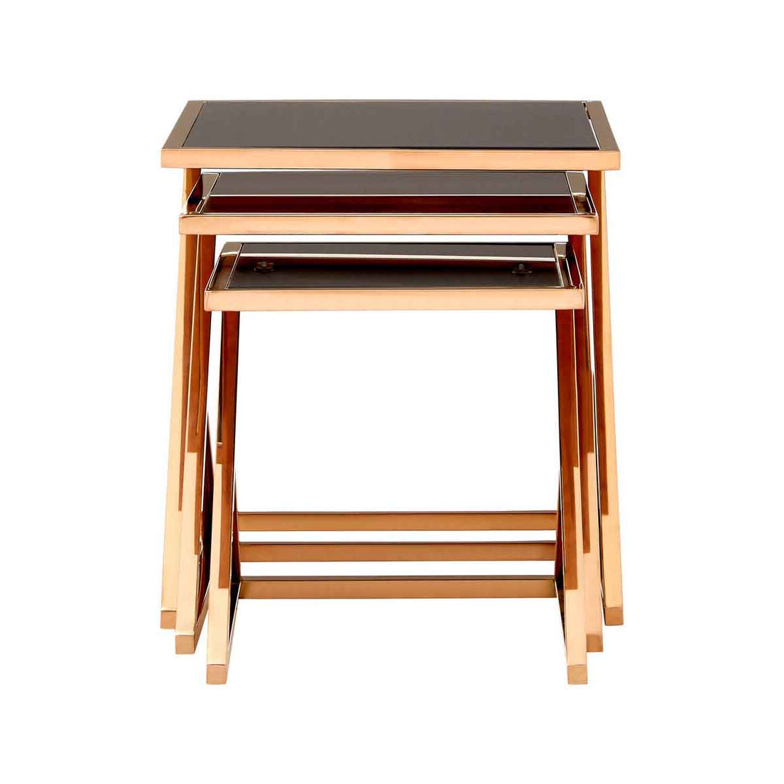 Ackley Rose Gold Finish set of 3 Nesting Tables with Black Glass