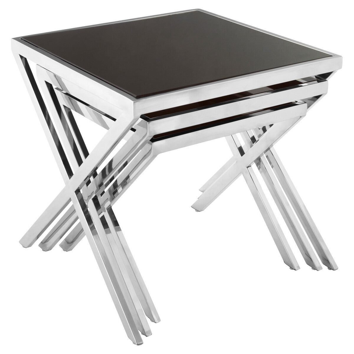 Nest of two tables with black glass top and chrome metal frame on a white background