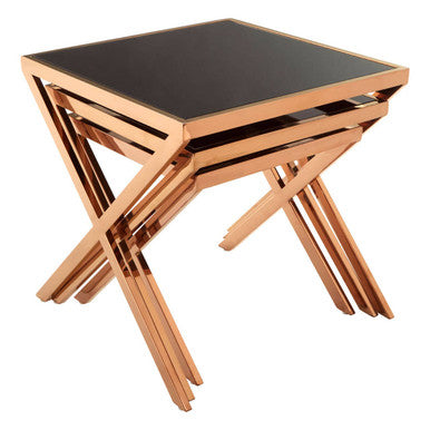 Ackley Rose Gold Set Of 3 Nesting Tables With Black Glass