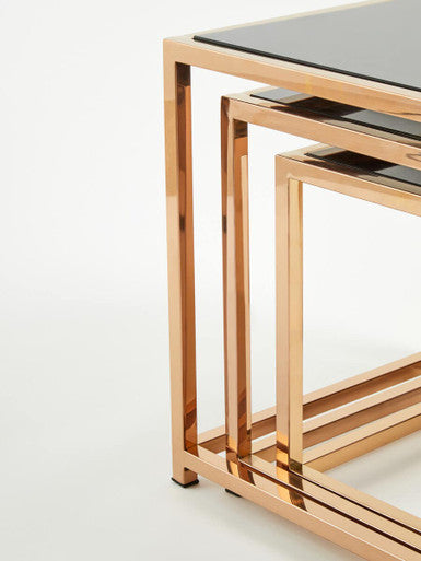 Ackley Set Of 3 Gold Frame Nesting Tables With Black Glass