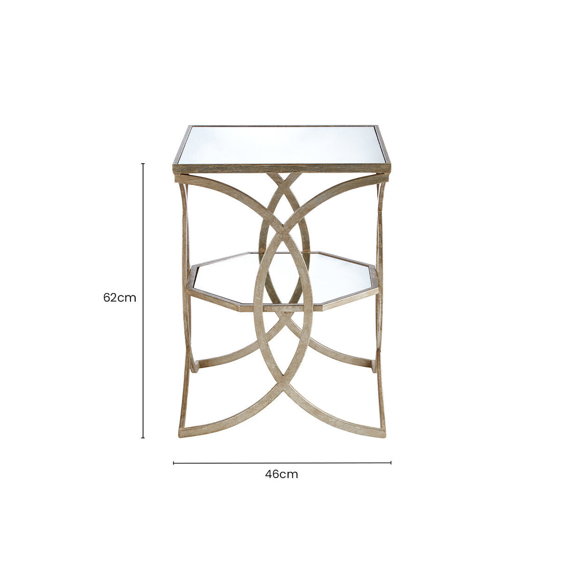 Tempered Glass Tops and 1 Lower Shelf Side Table with Silver Interlinked Geometric Metal Frame, Zariah